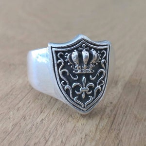 Sterling Silver Shield Ring - Fleur De Lis Unique Men Ring