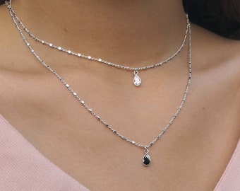 Dainty sterling silver solitaire necklace - choker layered necklace with Zircon pendant