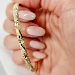 Solid 14k Gold Moroccan Bangle, Diamond Cut Stackable Bracelet For Women