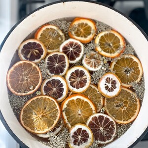 May include: A white enamel pot filled with water, dried orange and lemon slices, and herbs. The orange slices vary in color from light brown to dark brown. The herbs are green and the water is clear. The pot is sitting on a stovetop.