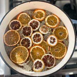 May include: A blue enameled cast iron pot filled with dried orange slices, chamomile flowers, and herbs. The orange slices vary in color from light tan to deep brown. The pot sits on a stovetop.
