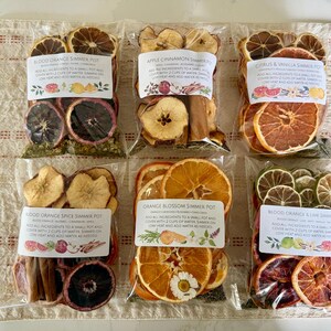 May include: Six clear bags of simmer pot ingredients, including dried orange slices, apples, and cinnamon sticks. Each bag has a label with text and illustrations. The bags are arranged on a beige patterned surface.