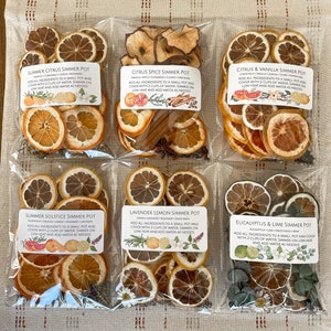 May include: Six clear plastic bags filled with dried citrus slices, spices, and herbs for simmering. Each bag has a label with the name of the blend and instructions. The blends include Summer Citrus, Citrus Spice, Citrus & Vanilla, Summer Solstice, Lavender Lemon, and Eucalyptus & Lime.