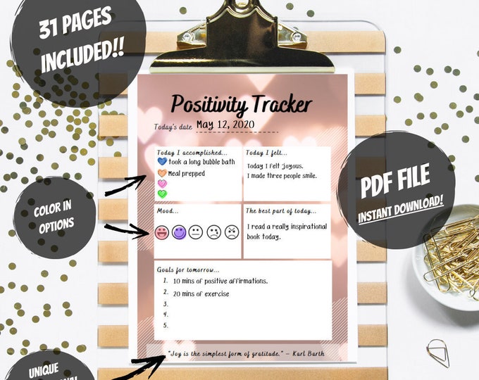 PRINTABLE  Positivity Tracker (31 PAGES!) - Unique Inspirational Quote On Each Page  - Instant Digital Download - Bullet Journal