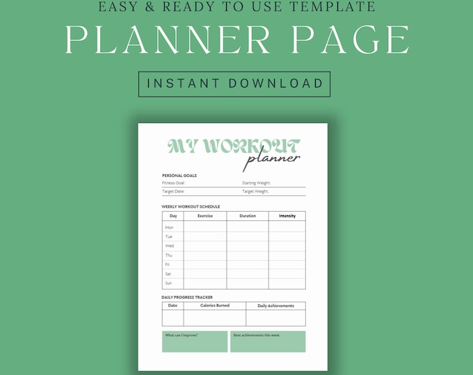 Mint Green Printable Weekly Workout Planner | Fitness Goal Tracker | Exercise Schedule | Daily Progress Sheet | Instant Download
