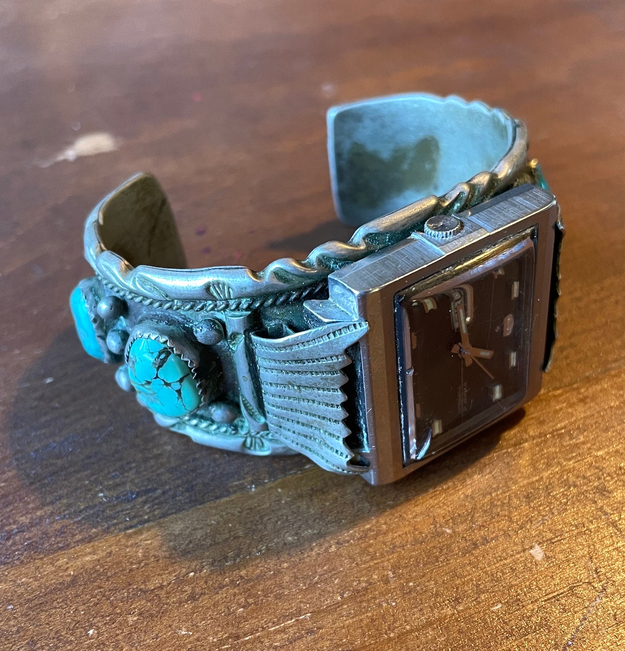 Incredible ~1970 Vintage Turquoise Cuff With Japanese Seiko Watchthumbnail