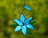 Stained glass blue lily window hanging, flower suncatcher, Christmas flower gift