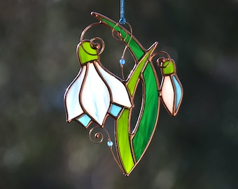 Stained glass snowdrop flower window hangings, spring flower gift suncatcher, spring window decor