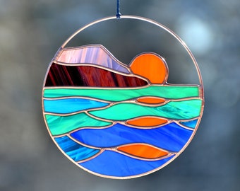 Sunset Sea Stained Glass Suncatcher: Handmade Window Hangings
