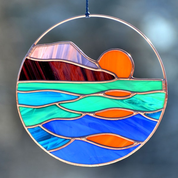 Sunset sea stained glass window hanging suncatcher, unique gift, Mother's Day gift