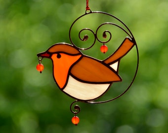 Stained glass bird, robin  suncatcher, window hangings ornament, bird lover gift