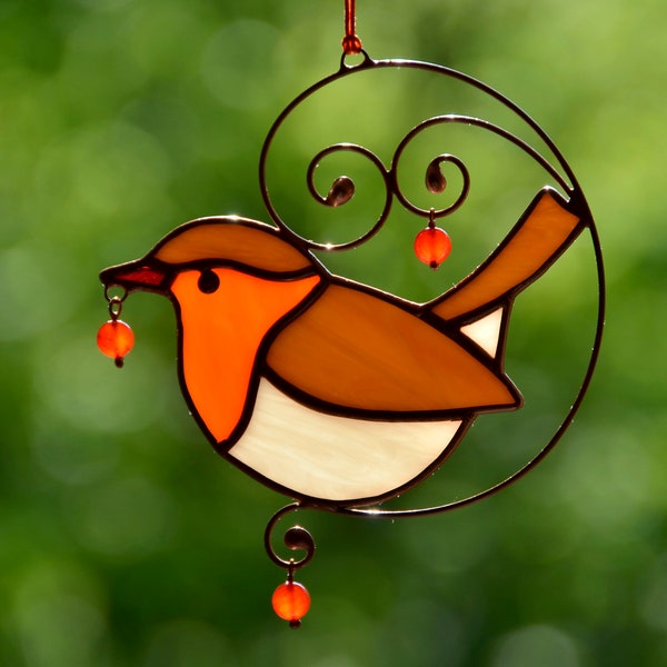 Oiseau en vitrail, attrape-soleil rouge-gorge, ornement de tentures de fenêtre, cadeau pour amoureux des oiseaux