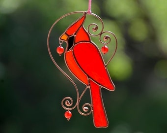 Unique Mother's Day gift, Stained glass cardinal window hangings, bird suncatcher, gift for mum, memorial ornament, cardinal bird lover gift