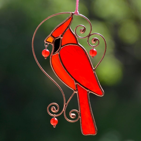 Stained glass cardinal window hangings, unique Mother's Day gift, bird suncatcher, gift for mum, memorial ornament, cardinal bird lover gift