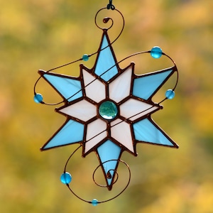 Stained glass suncatcher, Christmas star ornament, winter holiday snowflake window hangings