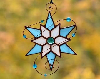 Stained glass suncatcher, Christmas star ornament, winter holiday snowflake window hangings