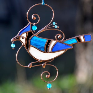 Stained glass blue jay, bird lover gift, hanging suncatcher for window