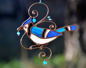 Stained glass blue jay, bird lover gift, hanging suncatcher for window