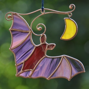 Stained glass Halloween bat with moon suncatcher, window hangings decor, stain glass bat suncatcher