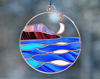 Sea mountain suncatcher, mountain landscape, sea stained glass window hanging, stain glass moon over mountains