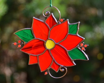 Stained glass window hangings, winter flower stain glass suncatcher, window hangings ornaments, poinsettia suncatcher