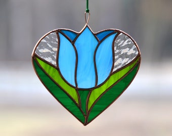 Stain glass suncatcher, tulip heart window hangings, spring flower gift