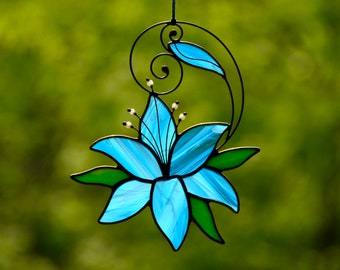 Stained glass blue lily window hangings suncatcher, flower gift