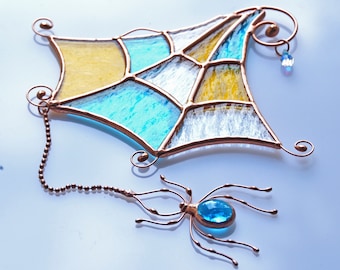 Stained Glass Spider Web Suncatcher – Handmade Window Hangings