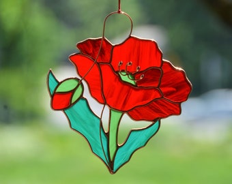 Stained glass poppy flower window hangings, flower suncatcher, stained glass flower