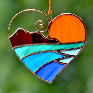 Stain Glass Heart Suncatcher, Mountains Sunset Sea Landscape Suncatcher,  Anniversary Heart Gift, Valentines Day Heart Ornament Gift 