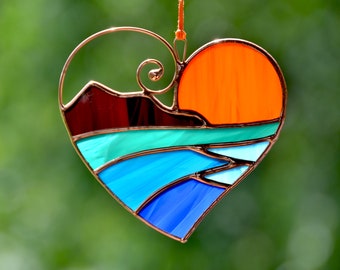 Stained glass heart suncatcher, mountains sunset sea suncatcher, anniversary heart gift, heart ornament gift, Mother's Day gift