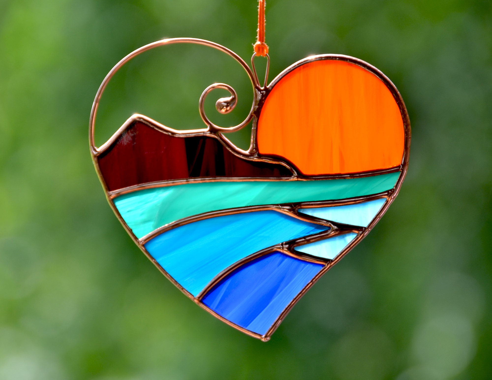 Stain Glass Heart Suncatcher, Mountains Sunset Sea Landscape Suncatcher,  Anniversary Heart Gift, Valentines Day Heart Ornament Gift 