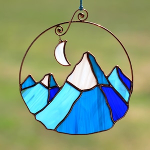 Stained glass mountains window hangings, unique mountain lover gift, nature home decor sun catcher
