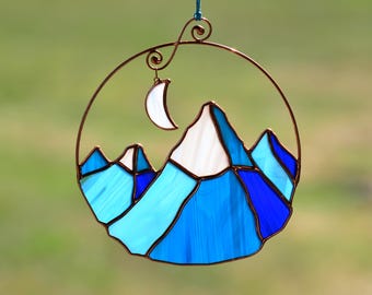 Stained glass mountains window hangings, suncatcher for window hanging, unique mountain lover gif
