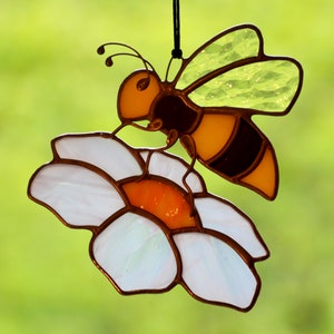 Stained glass hanging bee suncatcher for window