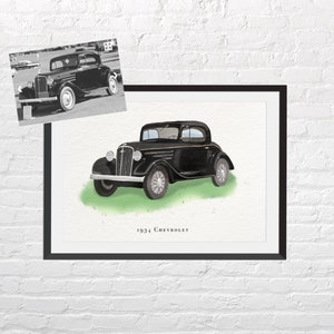 Classic Car Drawing, Hand Sketch of Car, Father's Day painting of car
