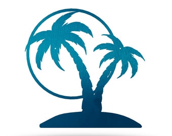 May include: A blue metal silhouette of two palm trees on an island with a sun behind them.