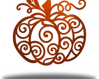 May include: A decorative metal pumpkin with a swirling, intricate design. The pumpkin is a deep orange color and has a stem with a leaf.