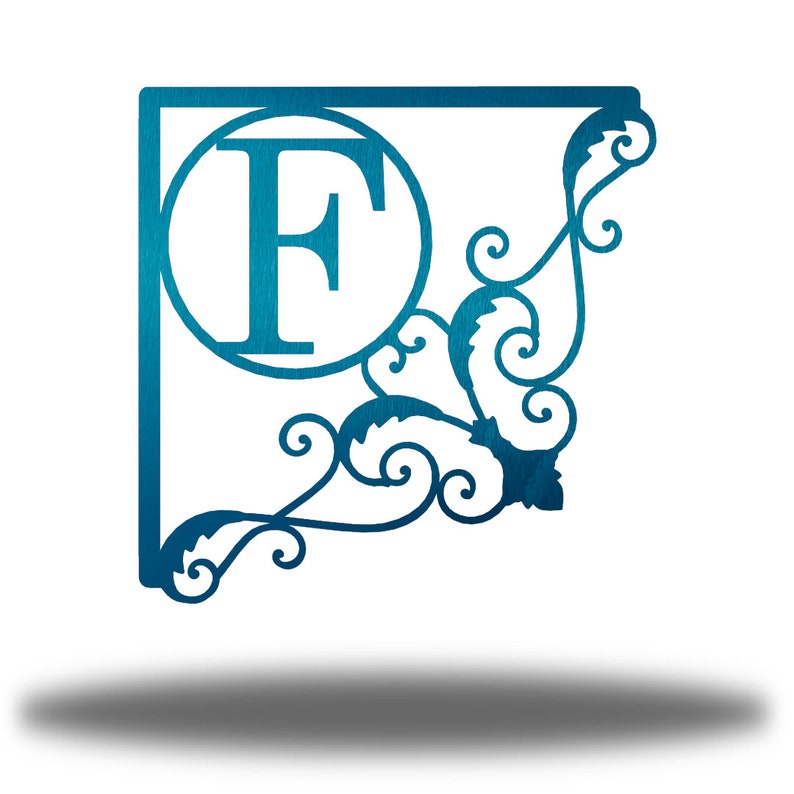 May include: A blue metal monogram sign with a decorative scroll design and the letter "F" in a circle.