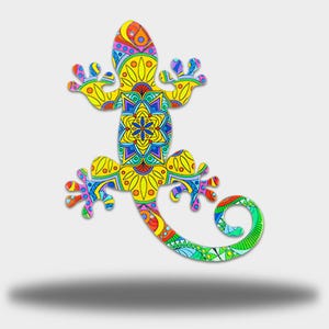 May include: A vibrant, patterned lizard ornament in shades of yellow, blue, orange, and green. The decorative lizard has a detailed design, a curled tail, and outstretched limbs, suitable for wall decoration.