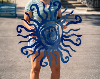 Teahutty Wacky Sun Metalen Muur Decor - 30x30 Cm 3D Zon Voor Buiten Of Binnen, Lichtblauw