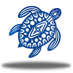 May include: Blue metal wall art of a stylized sea turtle with a geometric pattern on its shell.