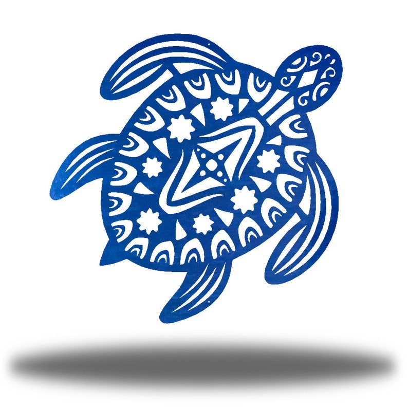 May include: Blue metal wall art of a stylized sea turtle with a geometric pattern on its shell.