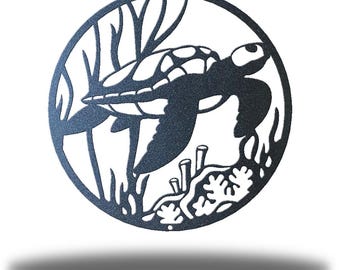 Turtle Scene Metal Wall Art, Sea Turtle Wall Decor, Ocean Beach House Hanging, Coastal Marine Life Decor