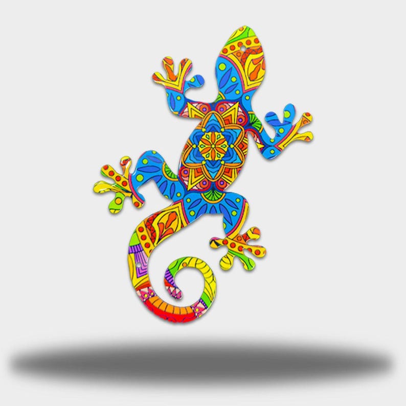 May include: A brightly coloured lizard decoration with a detailed pattern. The design incorporates blue, yellow, orange, and red. The intricate patterns create a decorative and eye-catching piece, suitable for wall decor or as an accent.
