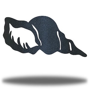 May include: A black metal seashell wall decor with a textured finish. The seashell is in a curled shape with a detailed design.