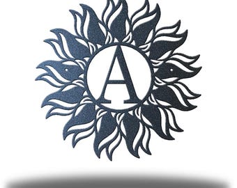 Radiant Sun Initial Monogram Metal Wall Art, Personalized Outdoor Decor, Sunburst Initial Sign