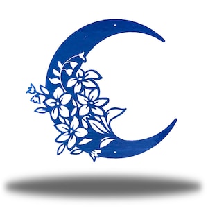 Floral Moon Moon Metal Wall Art Steel Outdoor Decor Blue