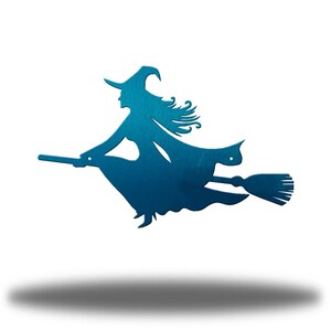 Witch On A Broom Steel Wall Art | Spooky Seasonal Decor Teal