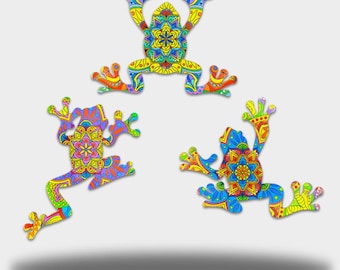 Printed Frog Bundle Metal Wall Art Set, Colorful Outdoor Frog Decor, Garden Frog Wall Hanging (Front-Printed Only)